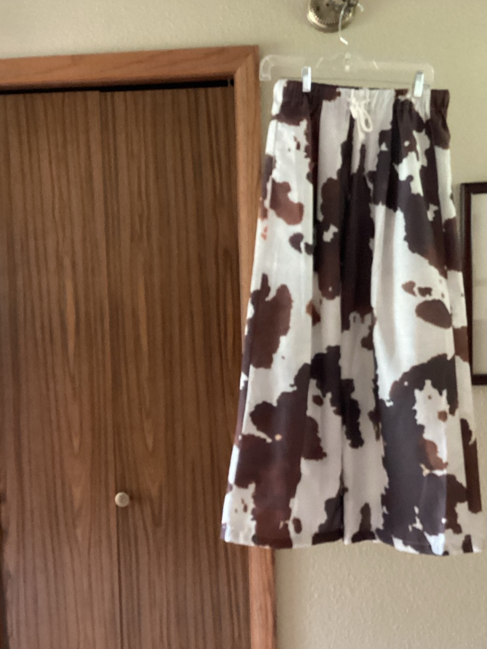 Brown and White Cowprint Midi Pants with Drawstring Waist